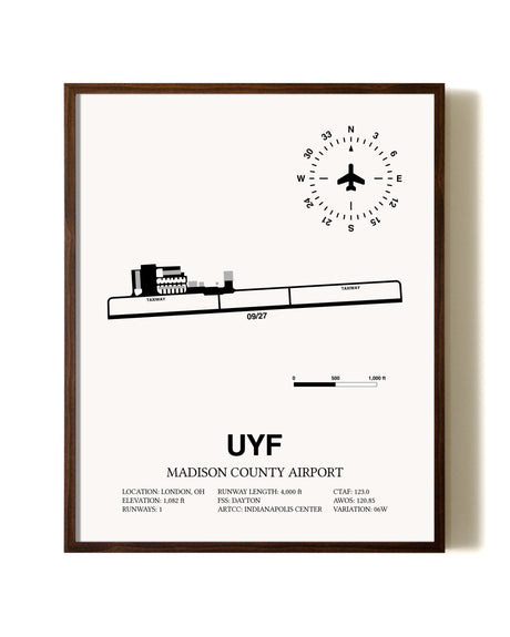 Madison County Airport aviation print in walnut frame