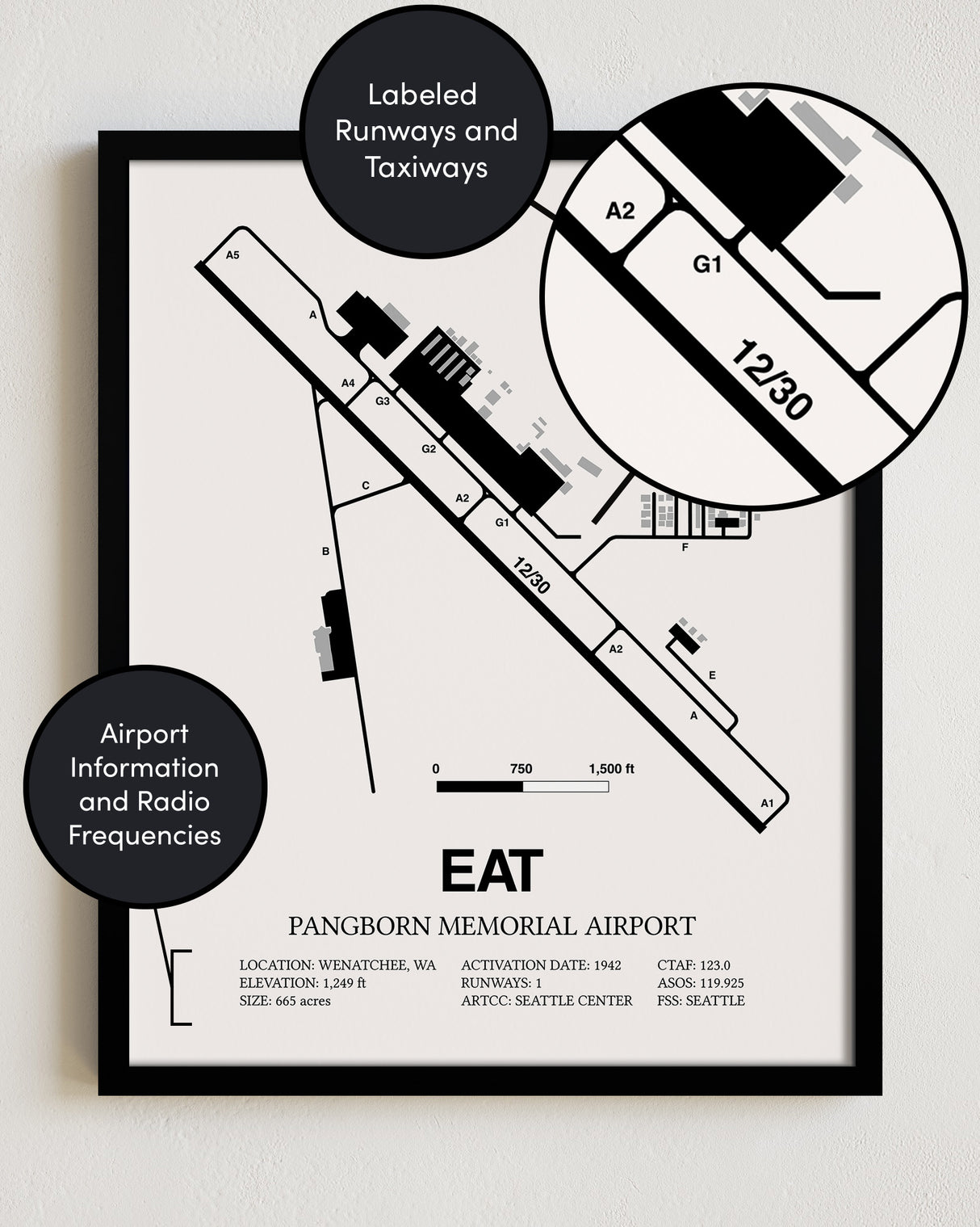 Framed Detailed Airport Map of Pangborn Memorial Airport (EAT) in White with a Black Frame