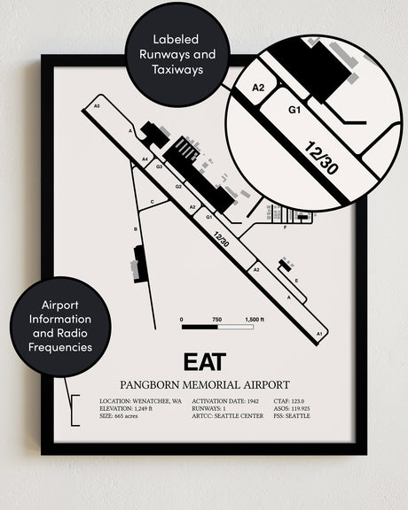 Framed Detailed Airport Map of Pangborn Memorial Airport (EAT) in White with a Black Frame
