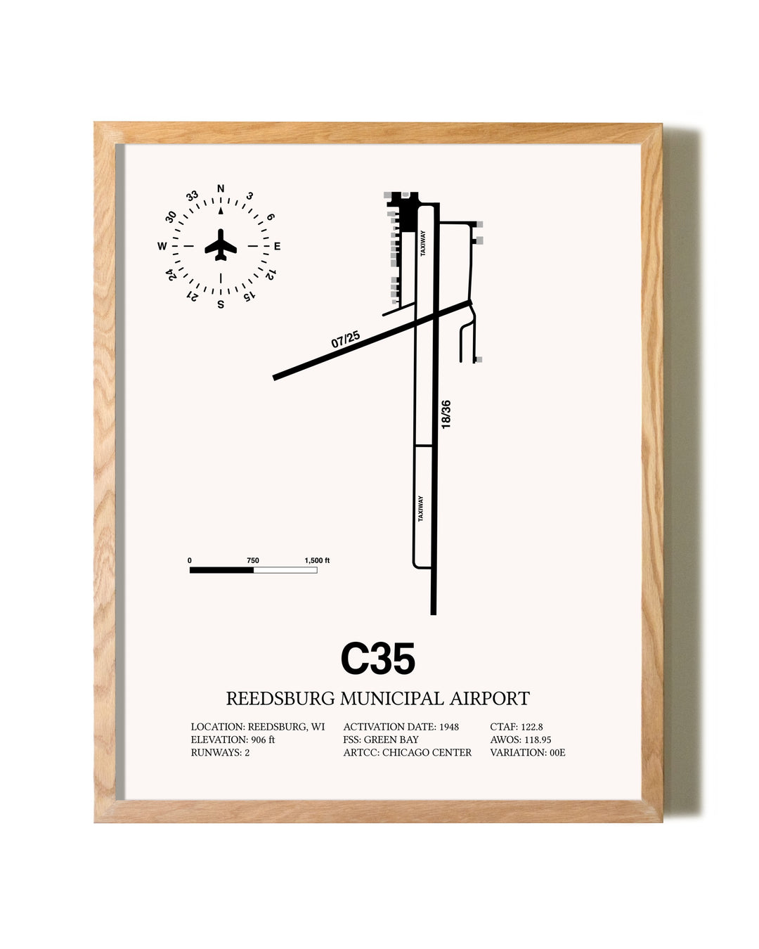 Reedsburg Municipal Airport framed print in natural wood frame