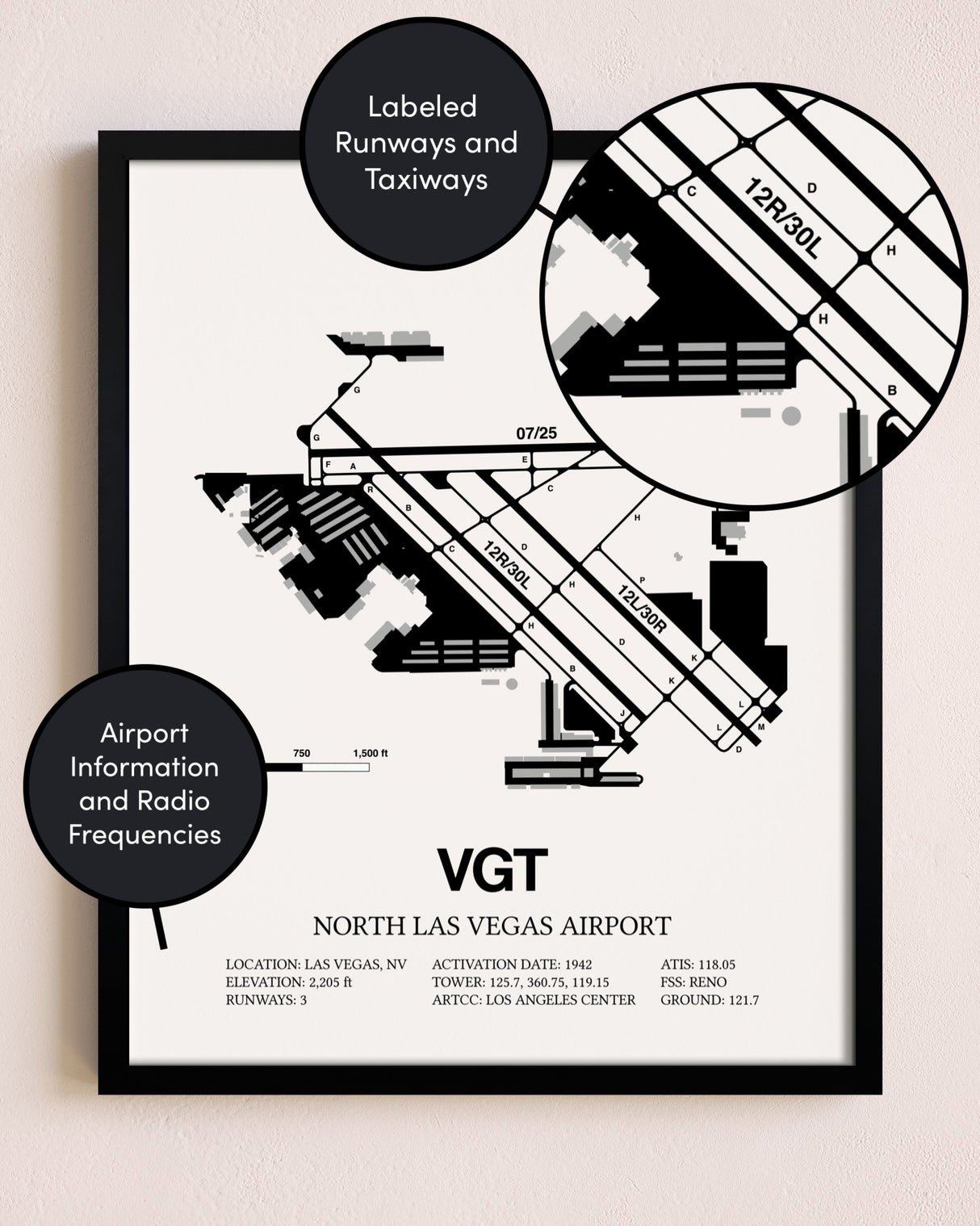 Framed North Las Vegas Airport layout wall art poster