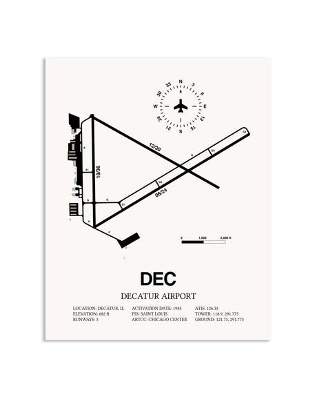Gray Decatur Airport framed poster displayed in an airplane hangar