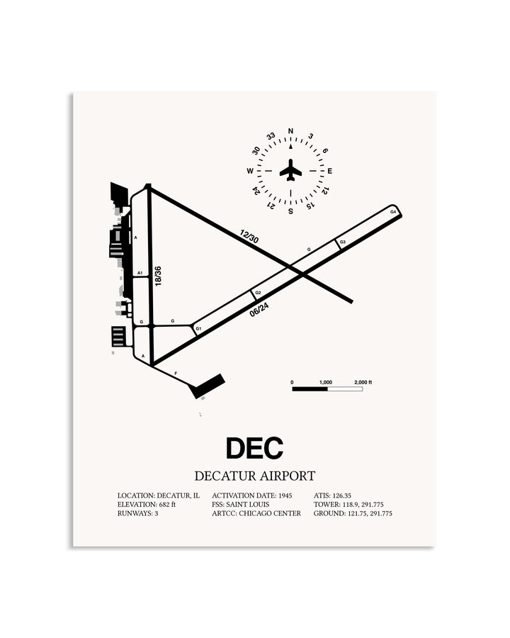 Gray Decatur Airport framed poster displayed in an airplane hangar