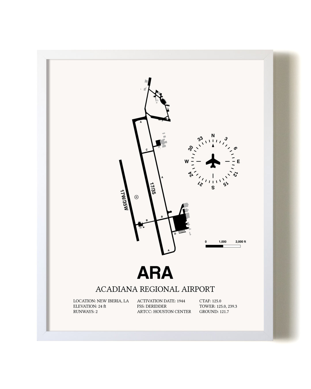Acadiana Regional Airport airport map poster in oak frame
