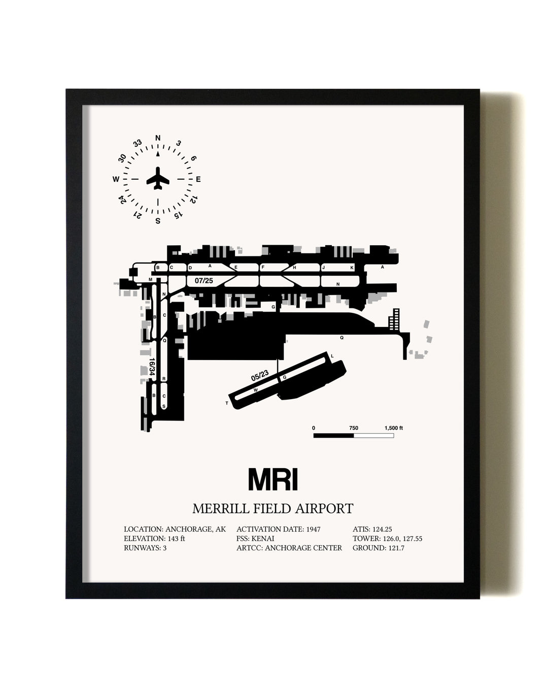Framed Merrill Field Airport wall art poster in black frame