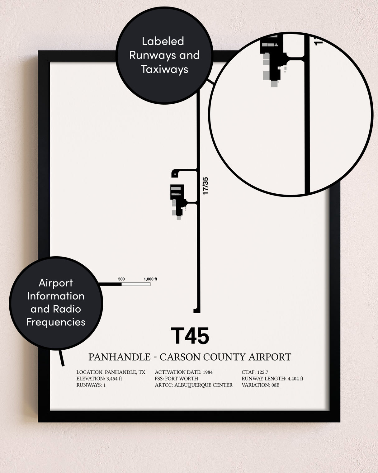 Framed Panhandle-Carson County Airport layout wall art poster