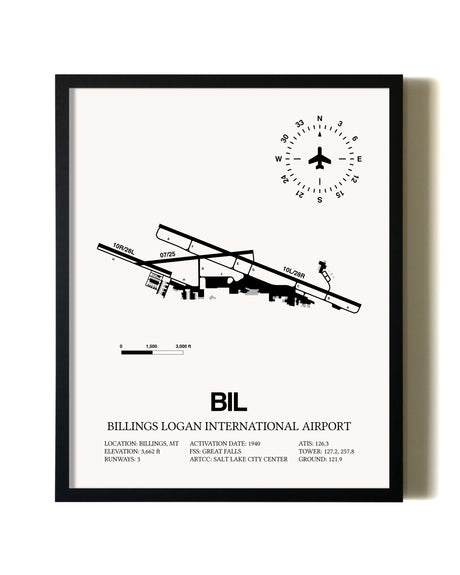 Framed Billings Logan International Airport wall art poster in black frame