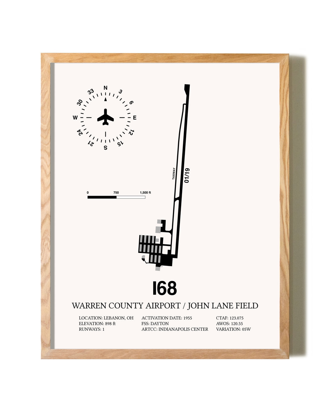 Warren County Airport / John Lane Field framed print in natural wood frame