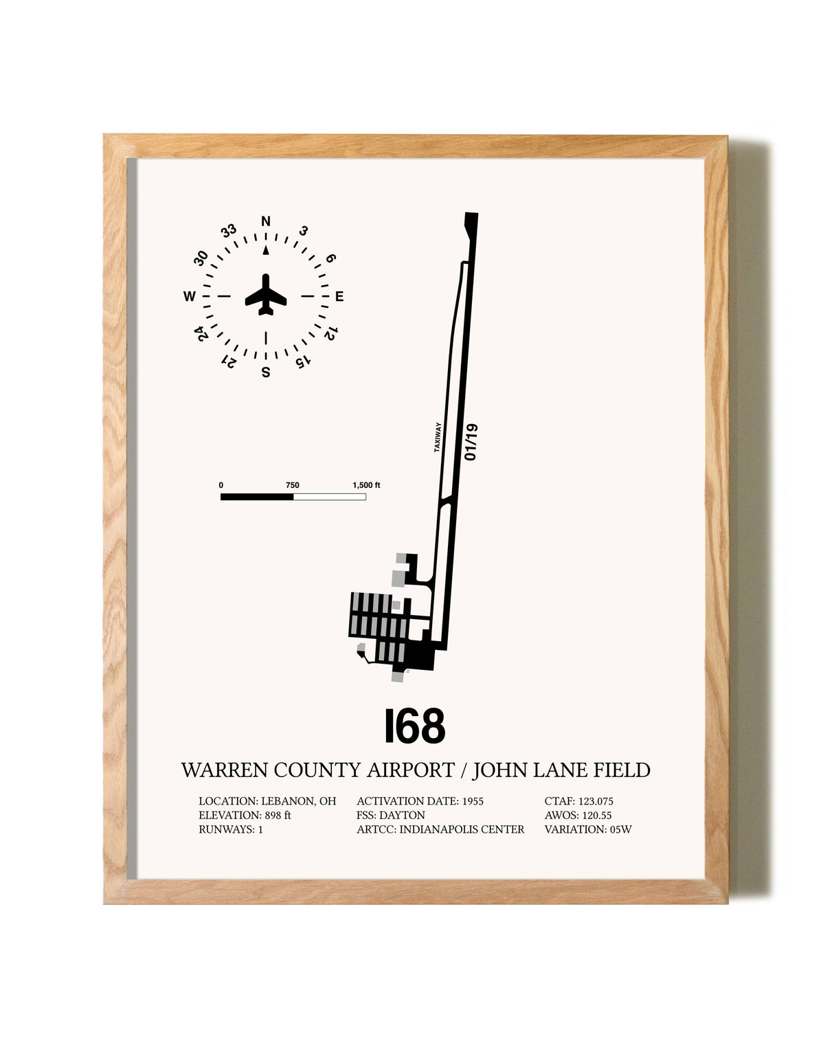 Warren County Airport / John Lane Field framed print in natural wood frame