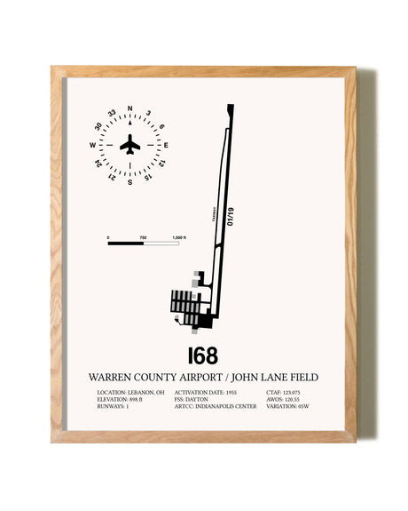 Warren County Airport / John Lane Field framed print in natural wood frame
