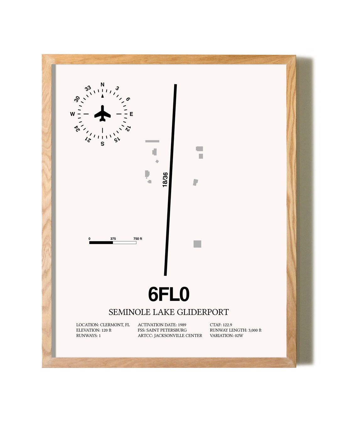 Seminole Lake Gliderport framed print in natural wood frame