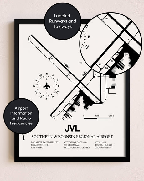 Framed Southern Wisconsin Regional Airport layout wall art poster