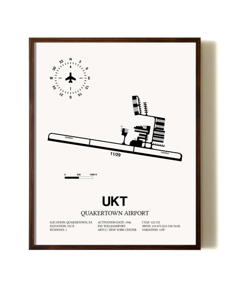 Quakertown Airport aviation print in walnut frame
