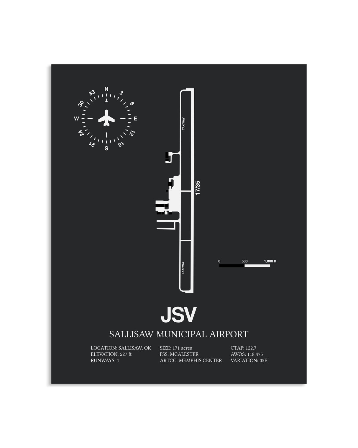 Gray Framed Sallisaw Municipal Airport layout wall art poster