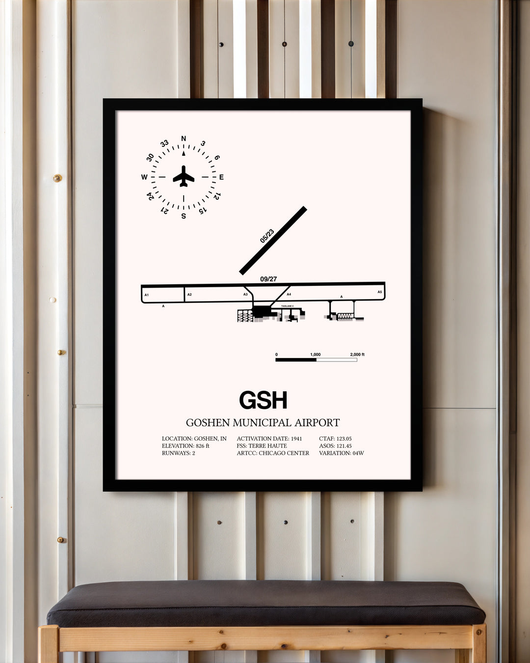 Goshen Municipal Airport framed poster displayed in an airplane hangar