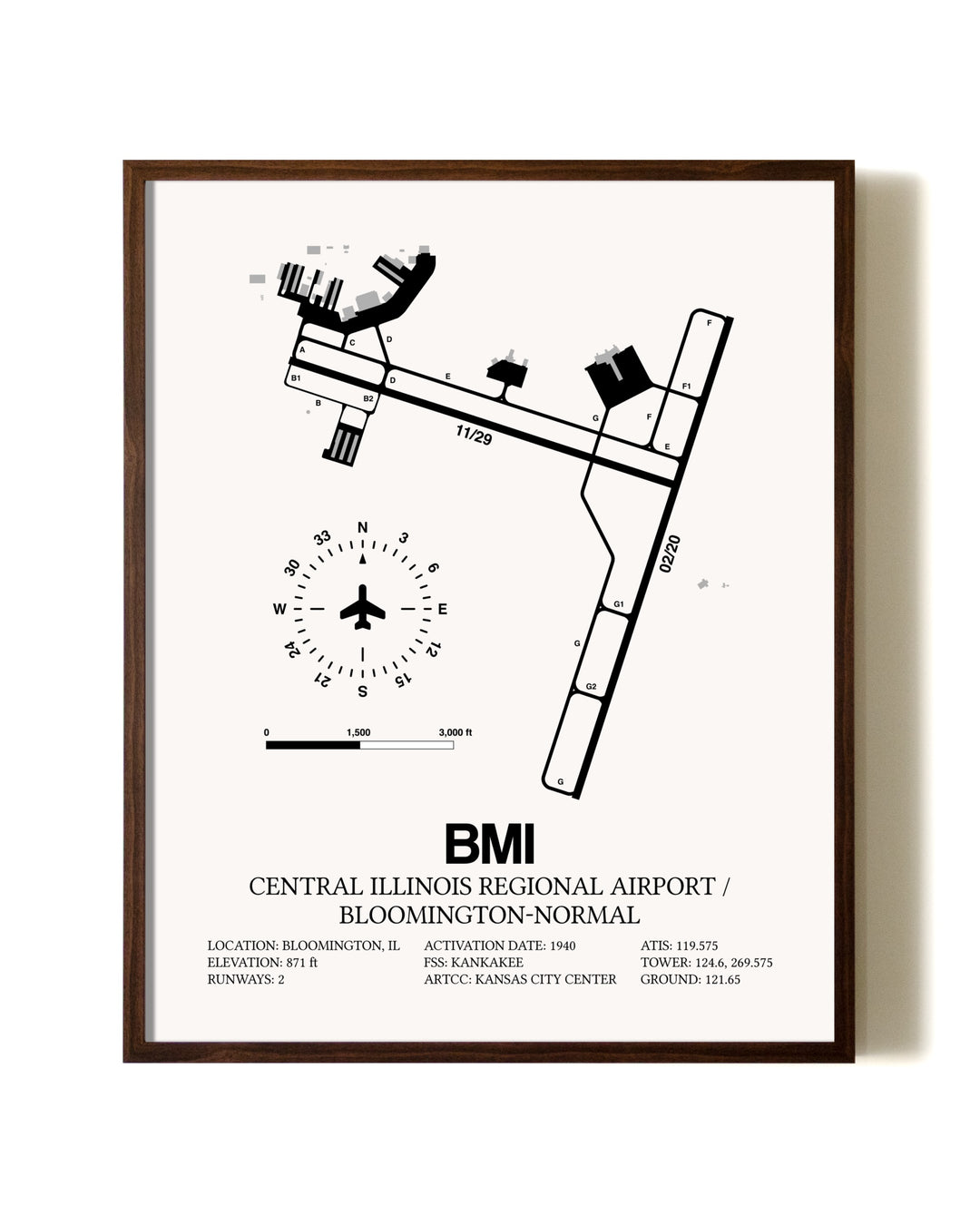 Central Illinois Regional Airport / Bloomington-Normal aviation print in walnut frame