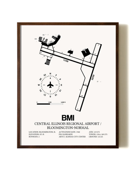 Central Illinois Regional Airport / Bloomington-Normal aviation print in walnut frame