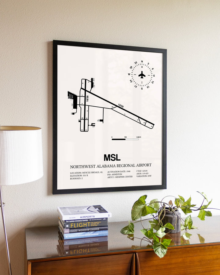 Northwest Alabama Regional Airport aviation wall décor in black wood frame
