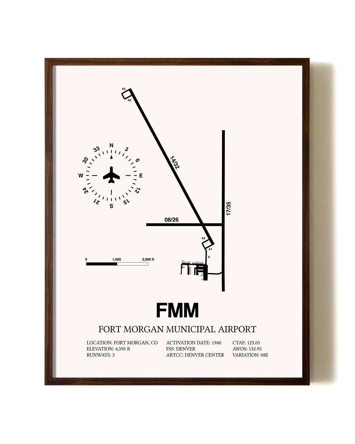 Fort Morgan Municipal Airport aviation print in walnut frame