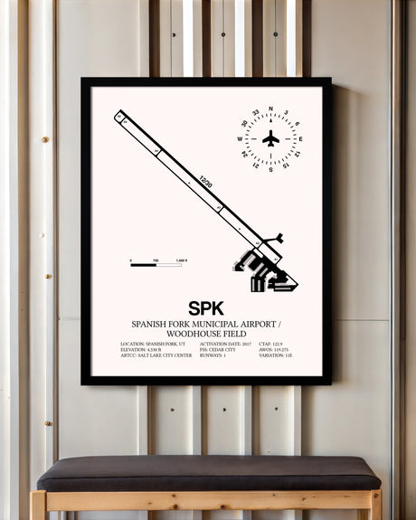 Spanish Fork Municipal Airport / Woodhouse Field framed poster displayed in an airplane hangar