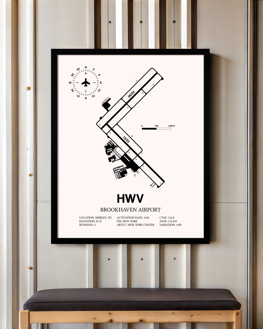 Brookhaven Airport framed poster displayed in an airplane hangar