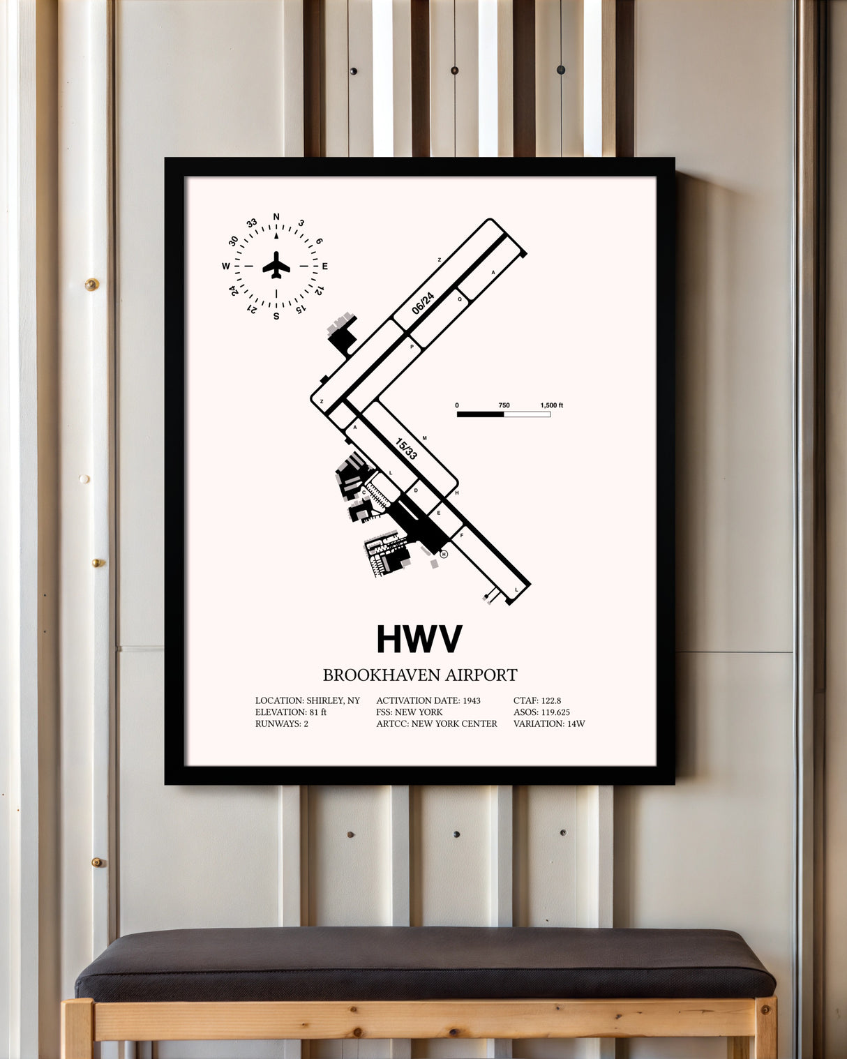 Brookhaven Airport framed poster displayed in an airplane hangar
