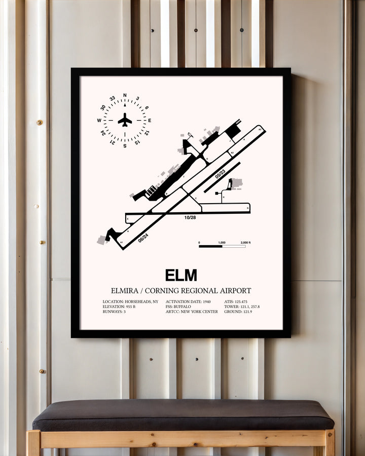 Elmira / Corning Regional Airport framed poster displayed in an airplane hangar