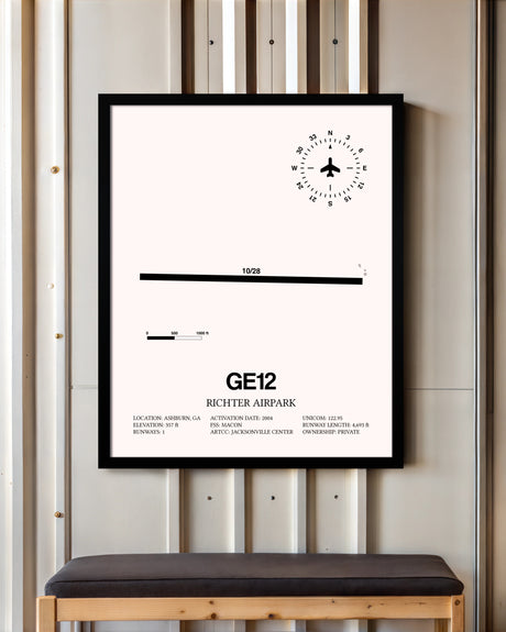 Richter Airpark framed poster displayed in an airplane hangar