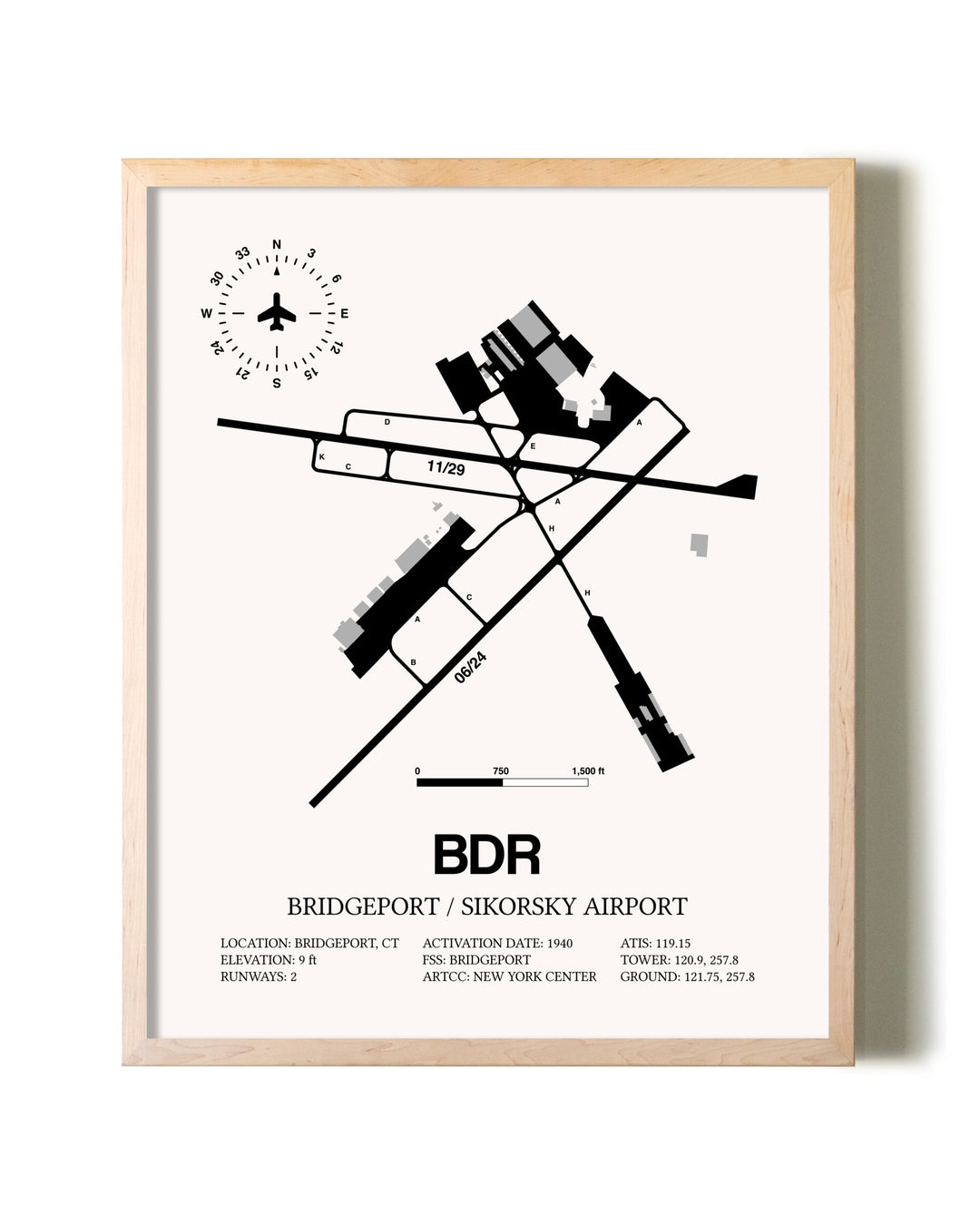Bridgeport / Sikorsky Airport framed wall art in white frame