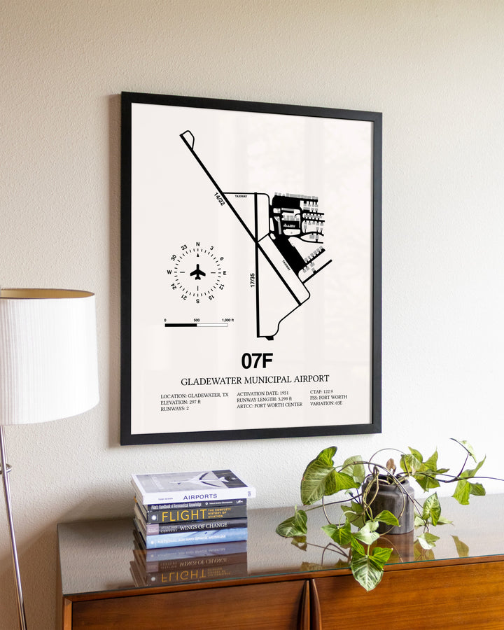 Gladewater Municipal Airport aviation wall décor in black wood frame