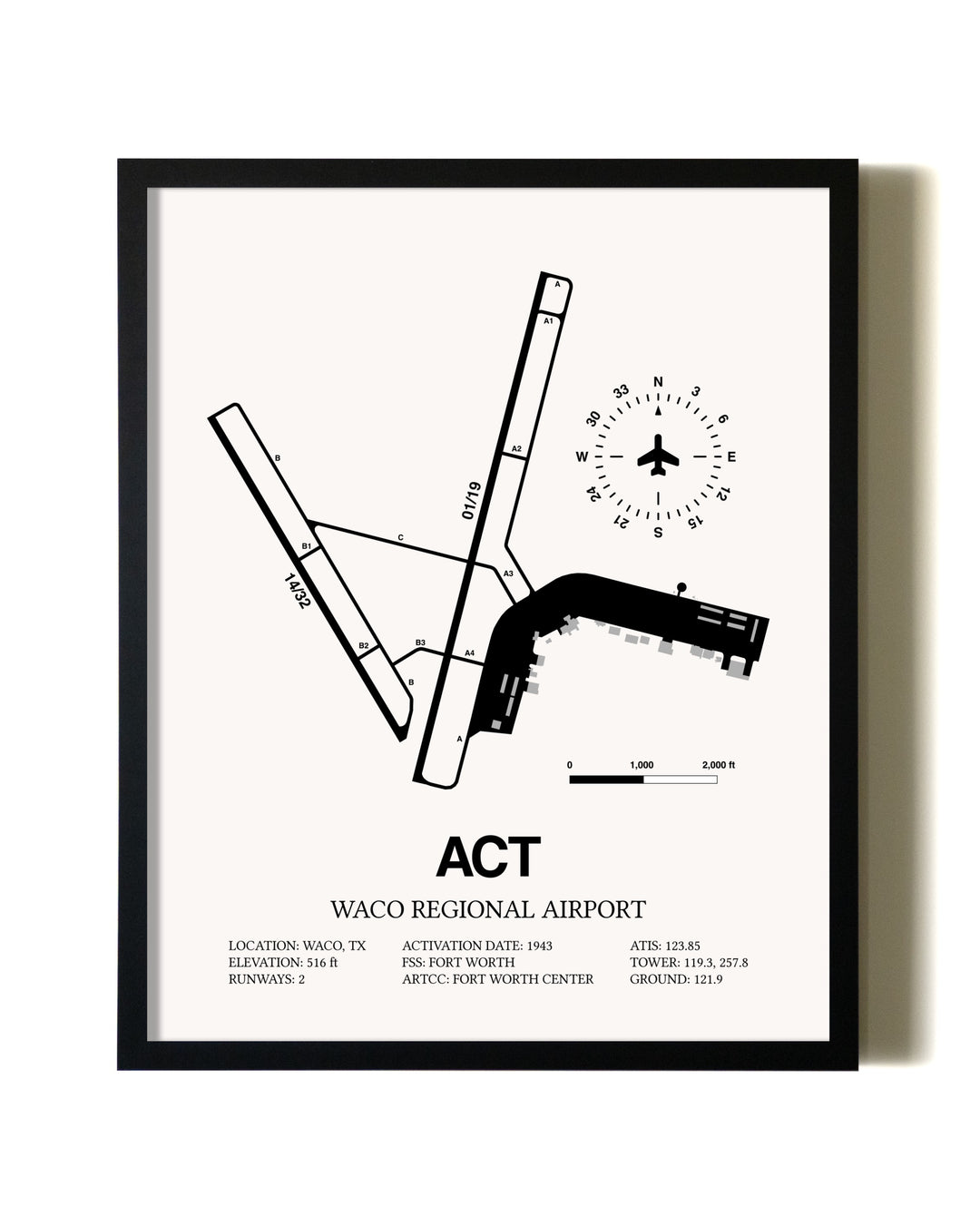 Framed Waco Regional Airport wall art poster in black frame