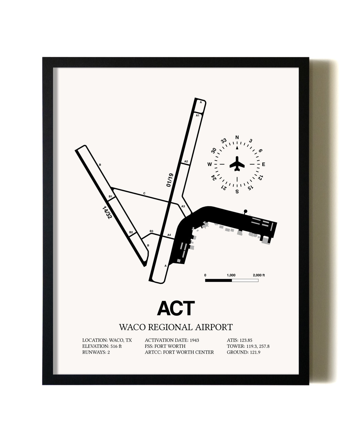 Framed Waco Regional Airport wall art poster in black frame