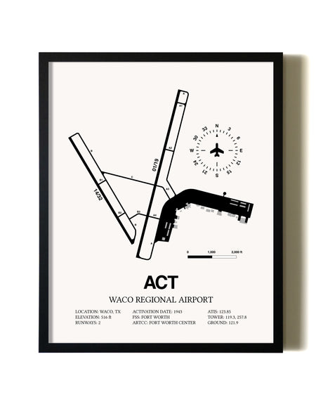 Framed Waco Regional Airport wall art poster in black frame