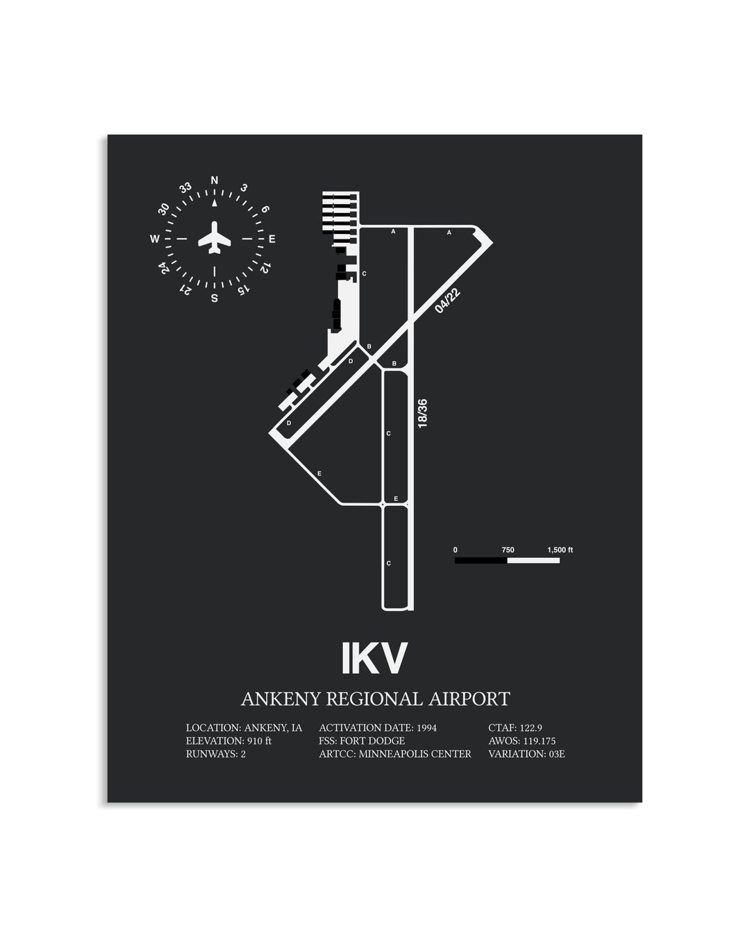 Gray Framed Ankeny Regional Airport layout wall art poster
