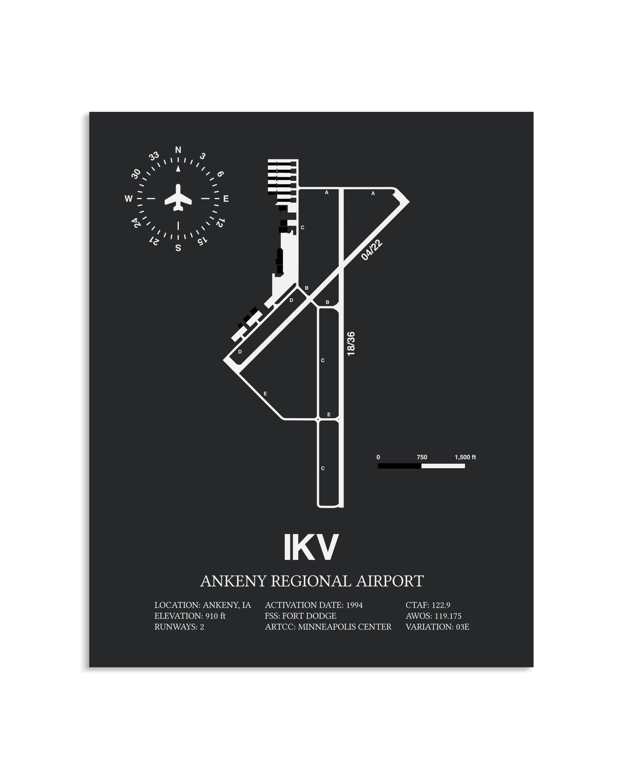 Gray Framed Ankeny Regional Airport layout wall art poster