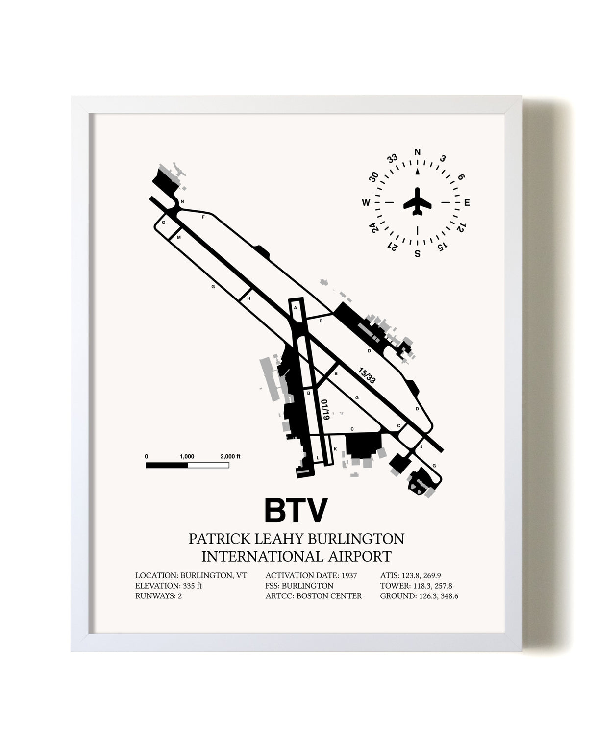 Patrick Leahy Burlington International Airport airport map poster in oak frame