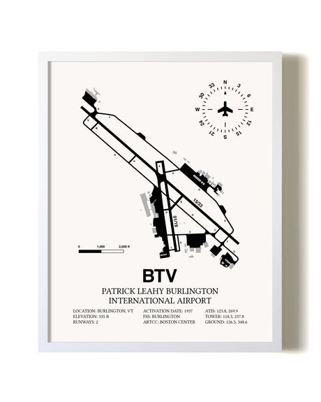 Patrick Leahy Burlington International Airport airport map poster in oak frame