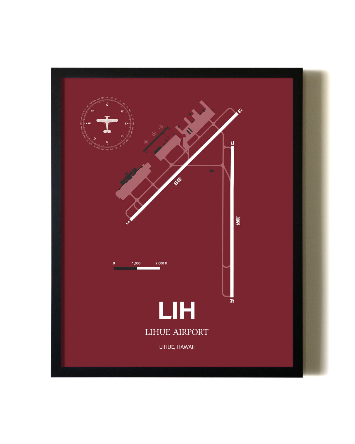 Red Framed Lihue Airport wall art poster in black frame