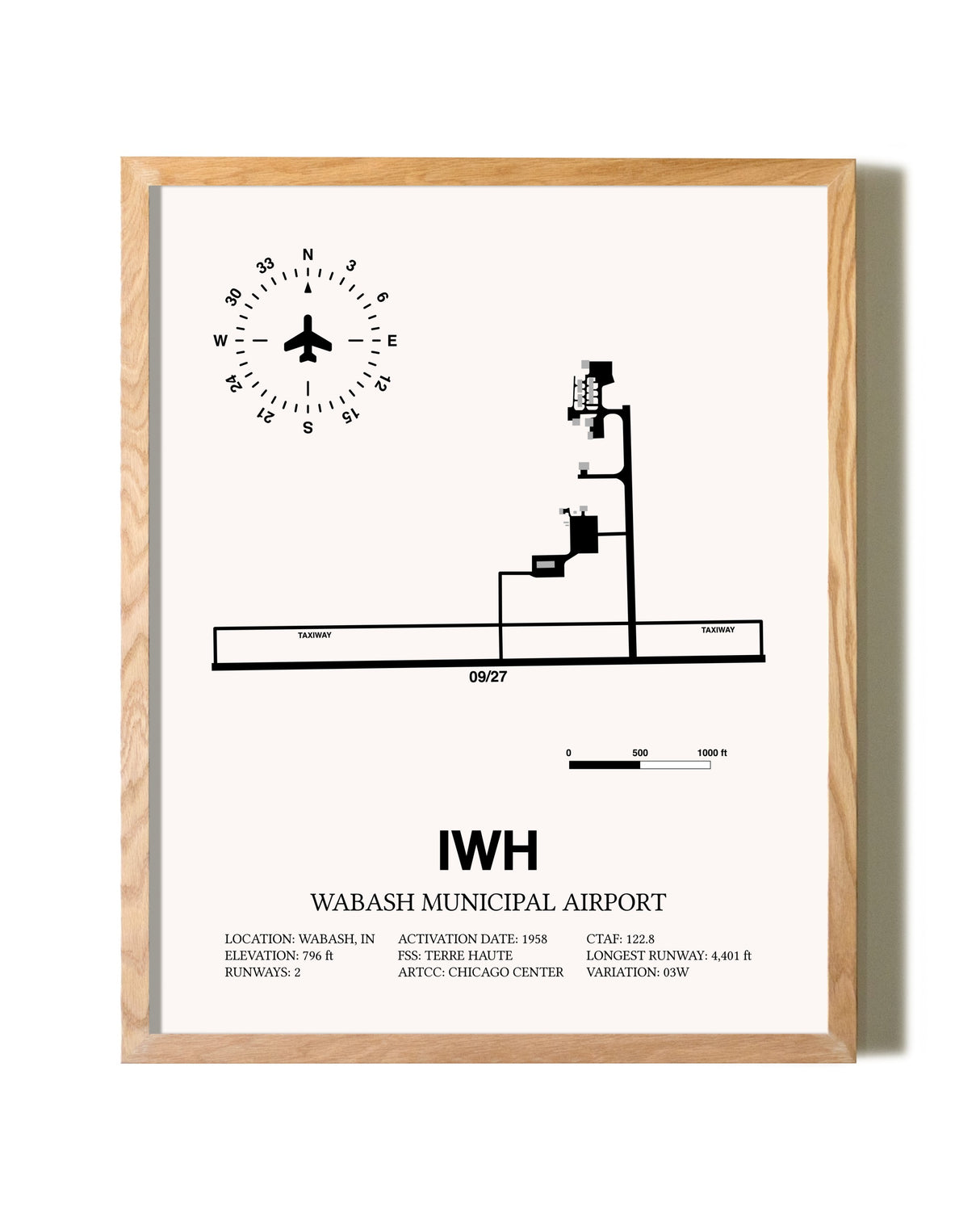 Wabash Municipal Airport framed print in natural wood frame
