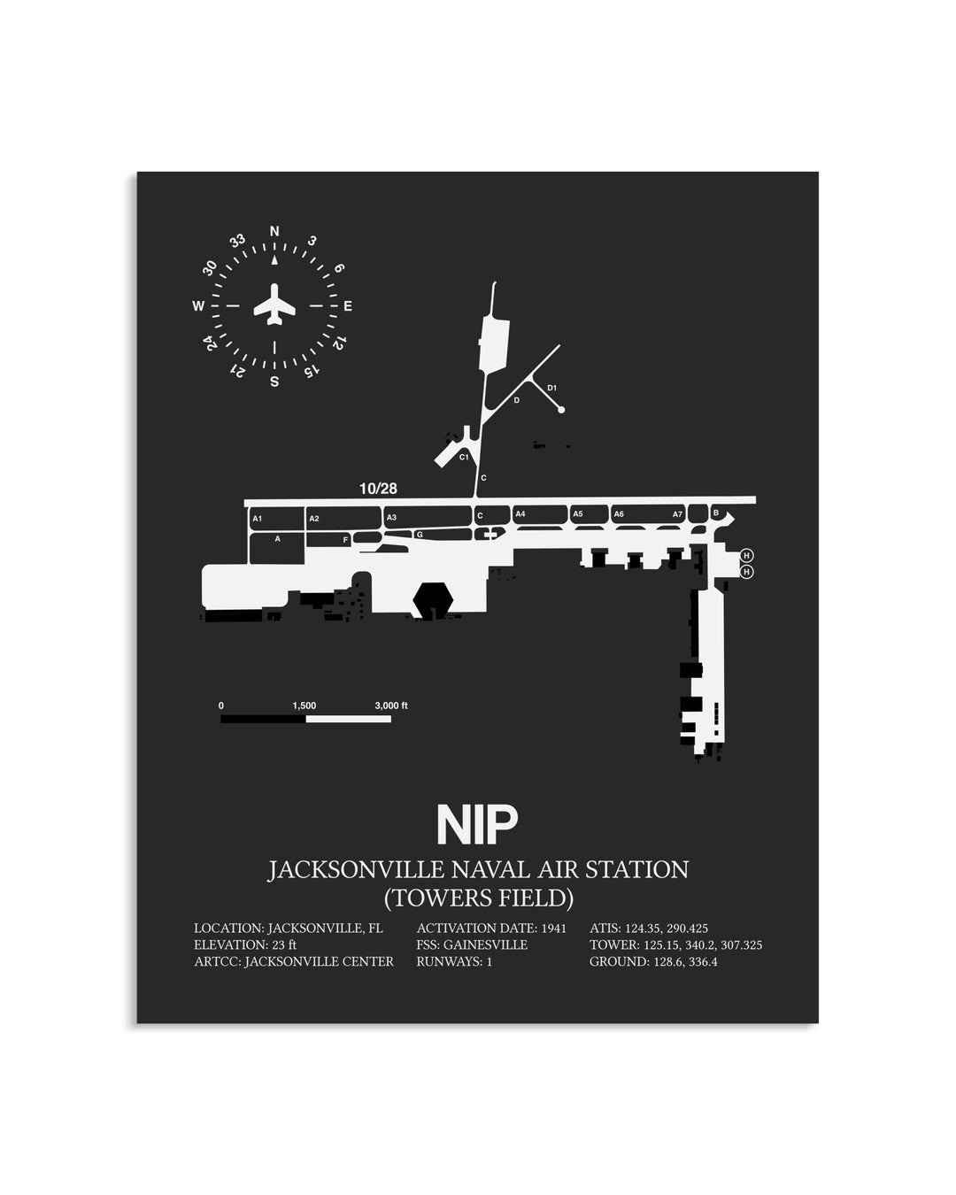 Gray Framed Jacksonville Naval Air Station (Towers Field) layout wall art poster