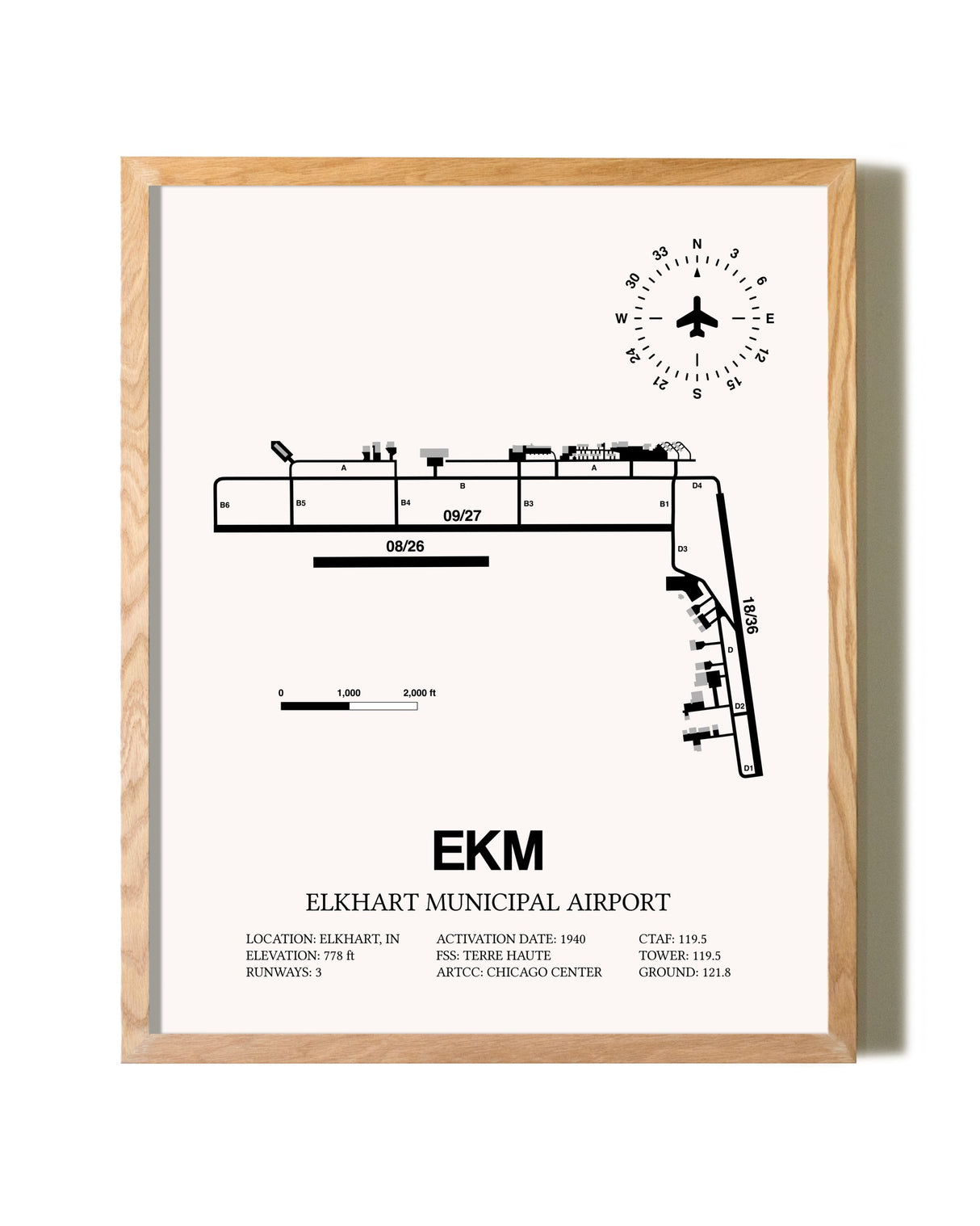 Elkhart Municipal Airport framed print in natural wood frame
