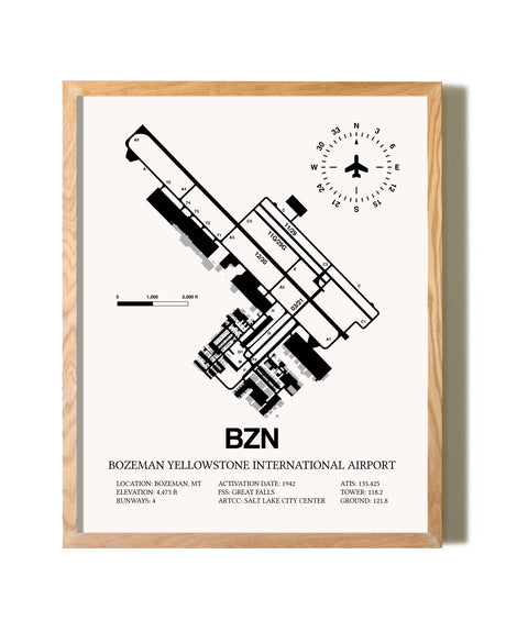 Bozeman Yellowstone International Airport framed print in natural wood frame