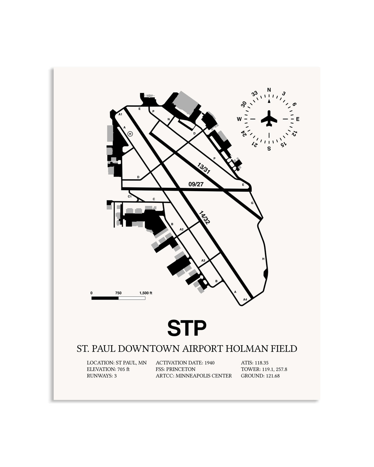 Gray St. Paul Downtown Airport Holman Field framed poster displayed in an airplane hangar