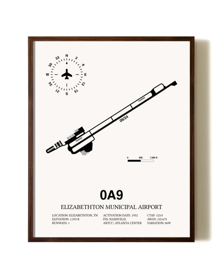 Elizabethton Municipal Airport aviation print in walnut frame