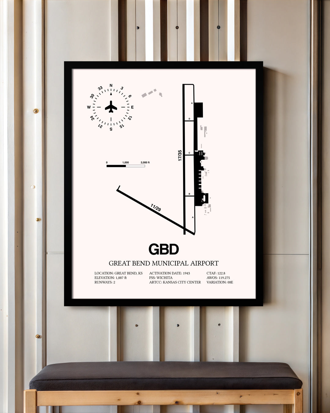 Great Bend Municipal Airport framed poster displayed in an airplane hangar