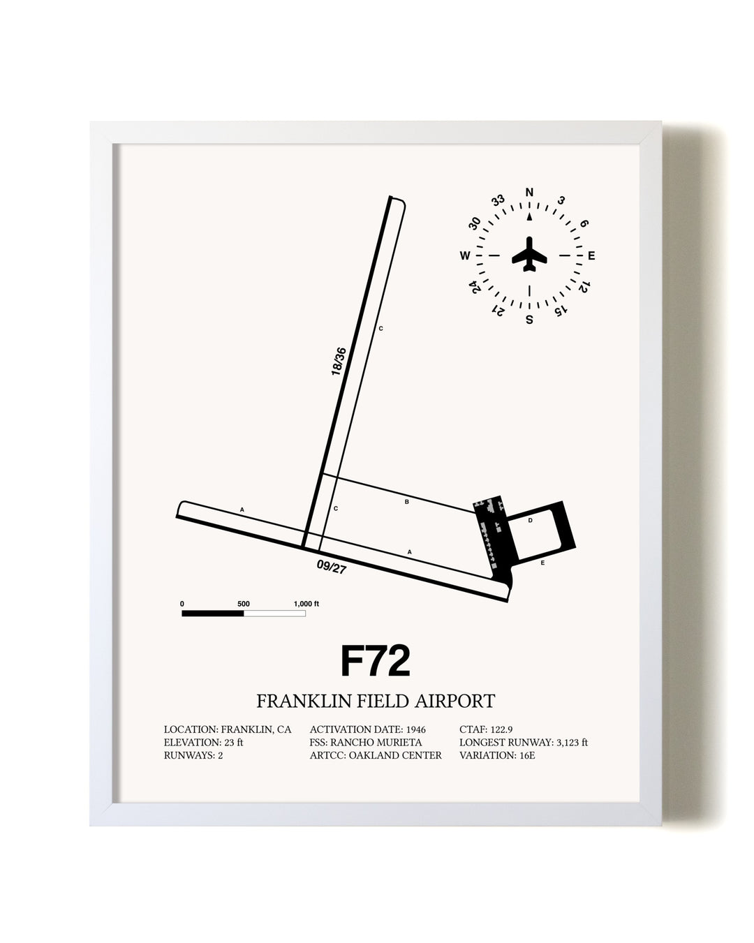 Franklin Field Airport airport map poster in oak frame