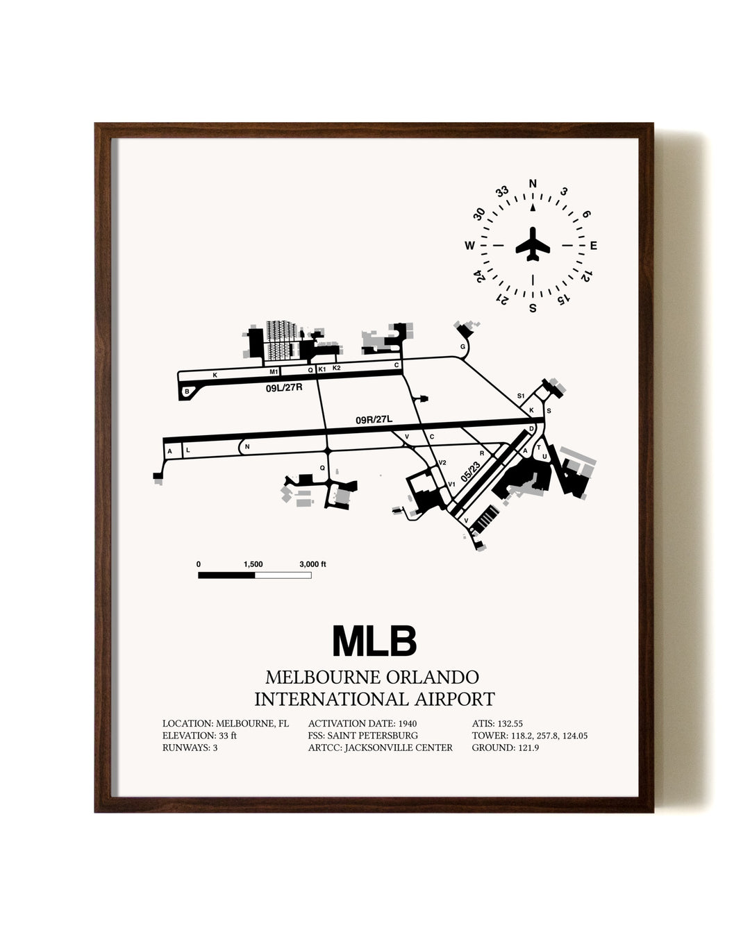 Melbourne Orlando International Airport aviation print in walnut frame