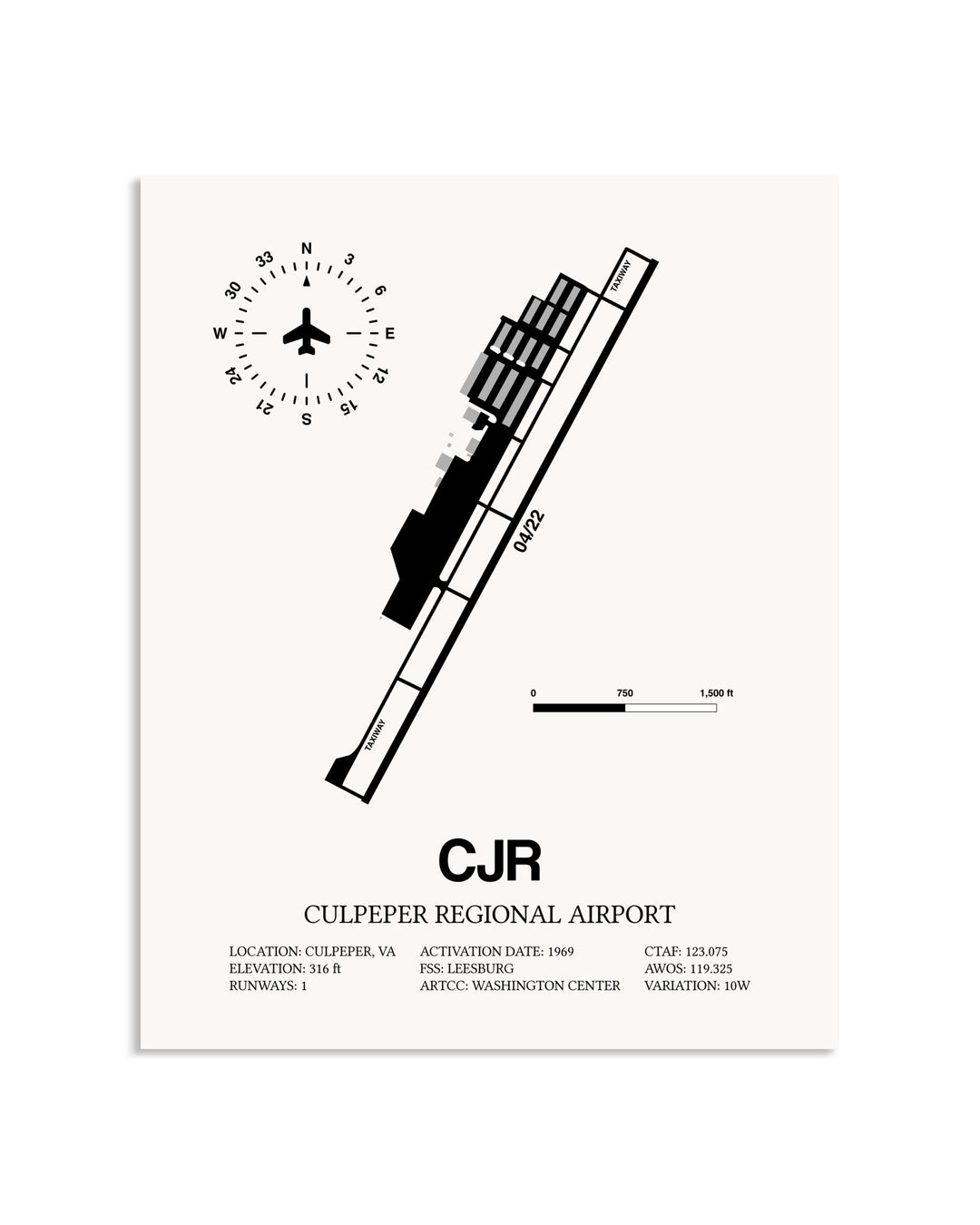 Gray Culpeper Regional Airport framed poster displayed in an airplane hangar
