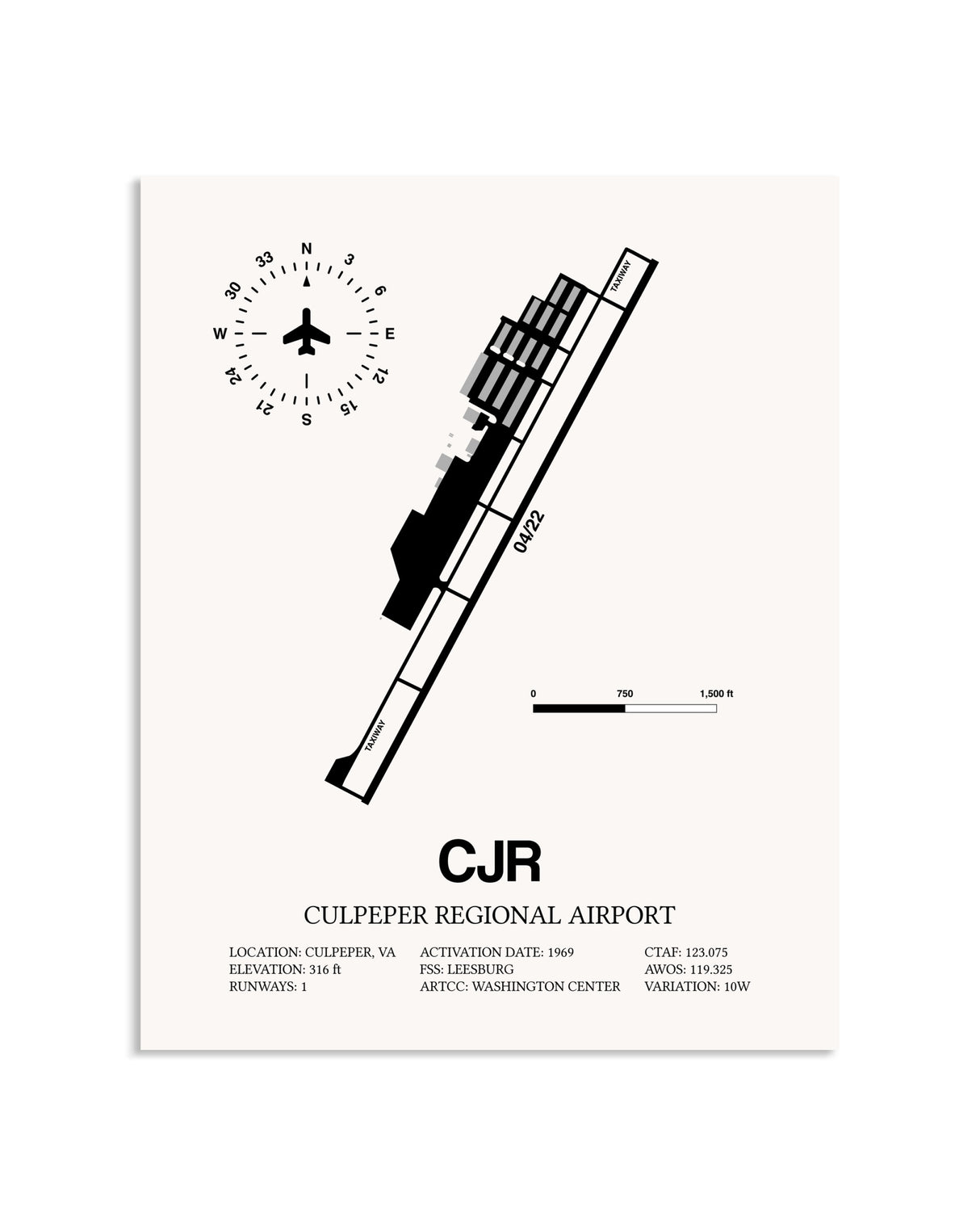 Gray Culpeper Regional Airport framed poster displayed in an airplane hangar