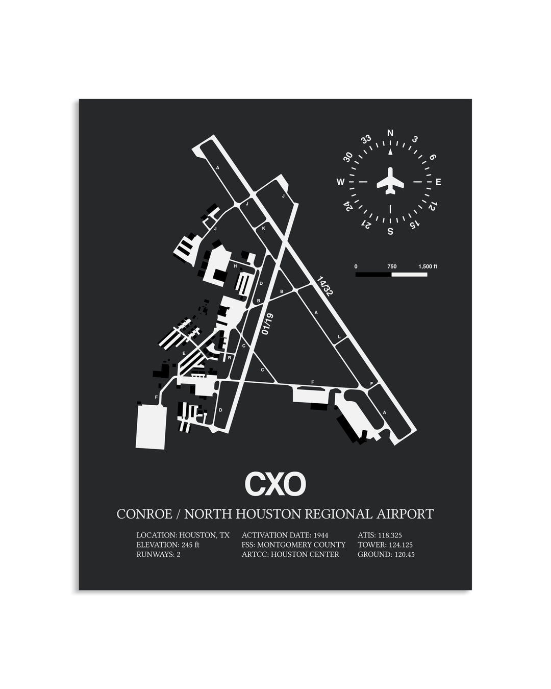 Gray Framed Conroe / North Houston Regional Airport layout wall art poster